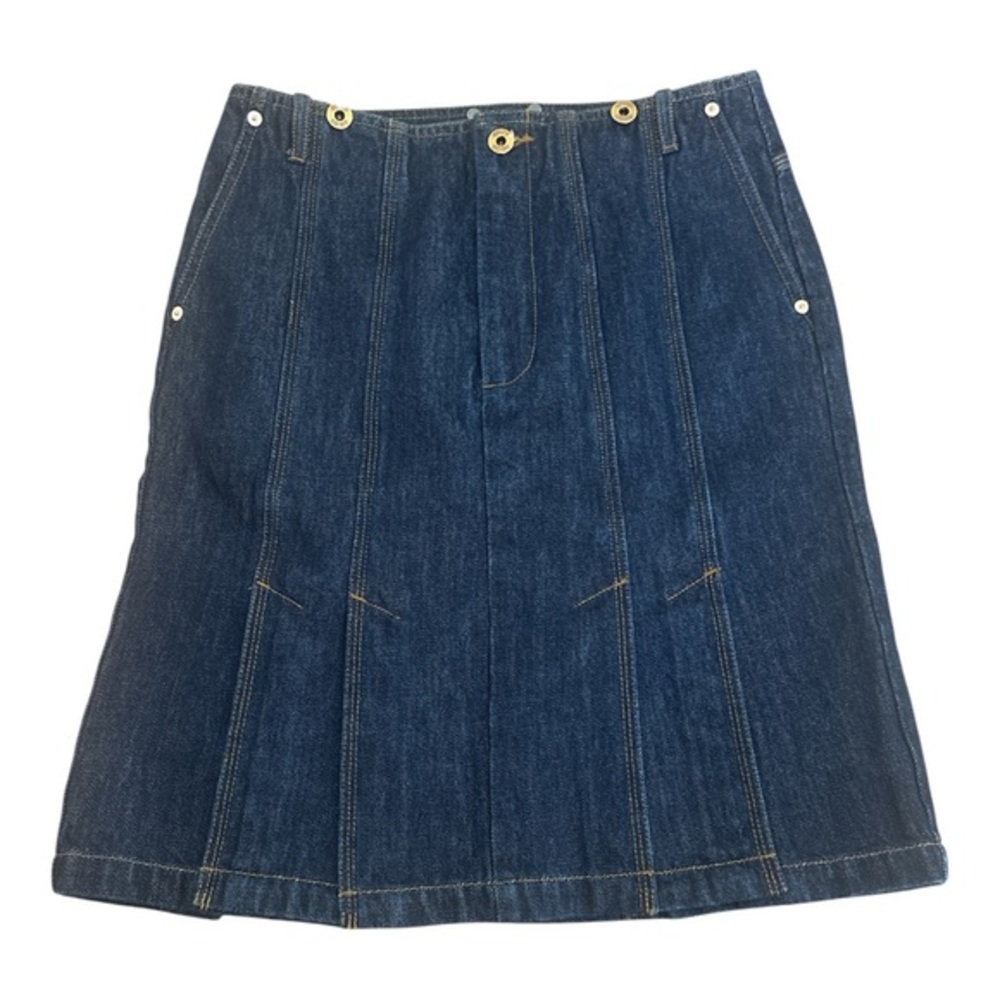 IMMI dark denim pleated mini skirt classic casual modern gold buttons sz 0